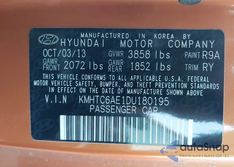 2013 Hyundai Veloster Turbo W/Black из США, поврежденный, VIN KMHTC6AE1DU180195